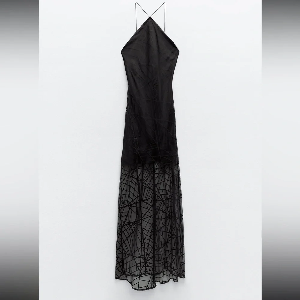 Zara Black Sheer Midi Slip Dress - Picture 7 of 11